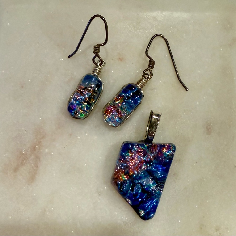 Stunning Glass Blue & Silver Handmade Earrings and Pendant Set